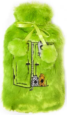 Image de Biggdesign Cats Hot Water Bottle with Soft Plush Cover, Cold & Hot Compress, 68 OZ / 2 L Large, Washable Hot Water Bag for Cramps, Neck and Back Pain, Feet and Shoulders, Green (bouteille d'eau chaude pour chats avec couverture en peluche douce, compresses froides et chaudes, 2 litres)