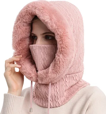 Produktbild von 3 in 1 Winter Damen Strickmütze Dicke Fleecefutter Warm Skimütze mit Schal Gesichtsmaske Outdoor Cycling Winterfeste Skimütze, Farbe:Rosa