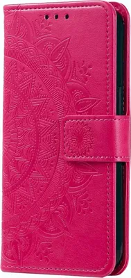 A pink flip case for a Samsung Galaxy S23 with a mandala pattern.