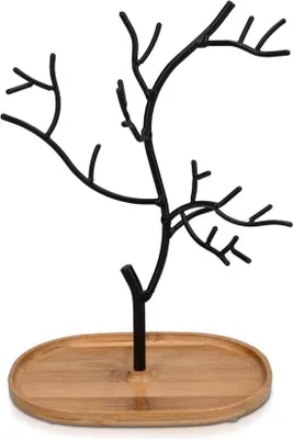 Produktbild von Famanu Schmuckbaum aus Bambus und Metall - Schmuckständer für Ketten, Ohrringe & Ringe - Dekorativer Schmuckhalter - 25 cm hoch