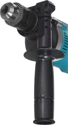 A close-up view of the chuck and auxiliary handle of a power drill.