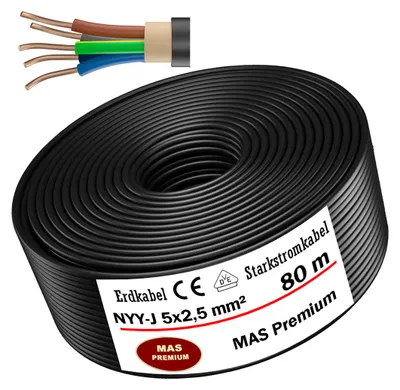 Obrázok produktu pre Podzemný kábel Napájací kábel 80 m NYY-J 5x2,5 mm² Elektrický kábel