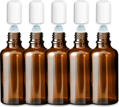 Produktbild von 5x Braune Glasflasche 50 ml Roll On mit weißer Kappe 18 mm Glaskugel