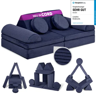 Produktbild von Linodino Spielsofa Cord - Kindersofa | Kinder Couch als Kuschelecke und Fantasiewelt | Kinder Sofa aus Schaumstoff Bausteinen I Weltraumblau