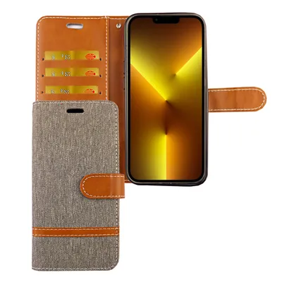 Productafbeelding van Apple iPhone 13 Pro hoesje, telefoonhoesje, beschermende cover, flip-case met kaarthouder, kleur: jeansgrijs