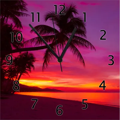 Produktbild von Wallario Design Wanduhr Abendrot unter Palmen - pinker Himmel am Strand aus Echtglas, Größe 30 x 30 cm