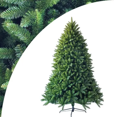 A full shot of a green artificial Christmas tree on a white background.