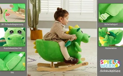 Zdjęcie produktu dla Huśtawka z dinozaurem z dźwiękiem, zielona pluszowa zabawka, drewniana rama