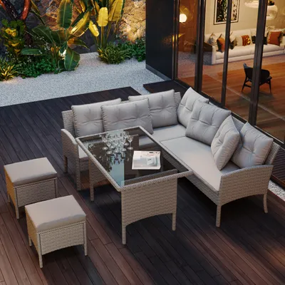 Produktbild von Poly Rattan Sitzgruppe Esstisch Lounge Gartenmöbel Sitzgarnitur Garten-Garnitur Set, Gartenlounge für 7 Personen, mit Sofa, Tisch, Hocker & Kissen