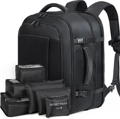 Obrázek produktu pro Uniqoos® Rozšiřitelný cestovní batoh – unisex, batoh na notebook o velikosti 17 palců, kabinový zavazadlo o rozměrech 45×32×20 cm, objem 30–40 litrů, včetně 6dílné cestovní sady, černý