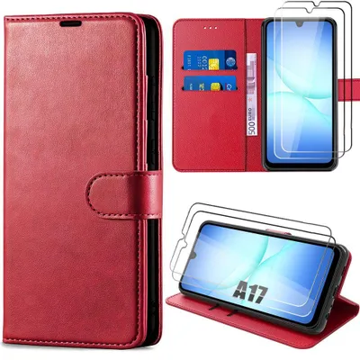 Image de Coque + 2 Verres Trempés pour Samsung Galaxy A17 4G/5G, Flip Case Effet Cuir Antichoc Anti-Rayures - Rouge