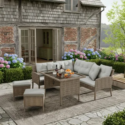 Produktbild von Poly Rattan Sitzgruppe 7 Personen Gartenmöbel Set, UV-beständige Gartenlounge mit Esstisch Sofa & Hocker, wetterfeste Lounge-Garnitur für Terrasse & Garten