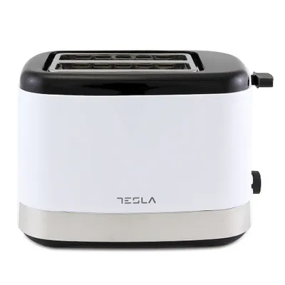 A white Tesla toaster with a black top and silver base, shown from the front on a white background.