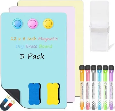 Produktbild von Magnetische Whiteboards für den Kühlschrank, 3 Stück. Enthält 6 trocken abwischbare Stifte, 3 Magnete, 2 Radiergummis und einen Stifthalter
