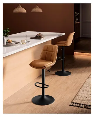 Produktbild von Barhocker 2er Set, höhenverstellbare Barstühle, drehbare Küchenhocker, gesteppter PolyurethanBezug, mit Rückenlehne und Fußstütze, für Esszimmer und Theke, Stahl, karamellbraun