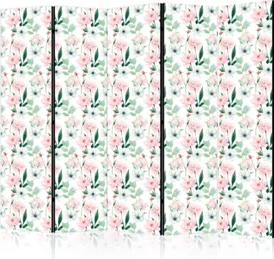 Produktbild von 5-teiliger Doppelseitiger Vlies Paravent - Peonies - Pink and White Flowers and Green Leaves on a White Background 225x172 cm Blumen b-B-10450-z-b
