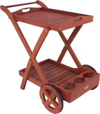 A wooden serving cart with two tiers and wheels, shown against a white background.