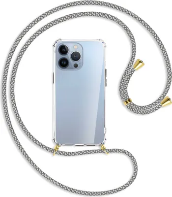 Produktbild von Handykette Backcover-Schutzhülle mit Band (Metall goldfarben) für Apple iPhone 13 Pro - weiß/grau kariert