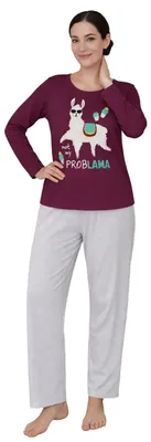 Image de Pyjama pour femme - Ensemble pyjama Not my ProbLAMA : haut à manches longues et pantalon, gris/rouge, taille L