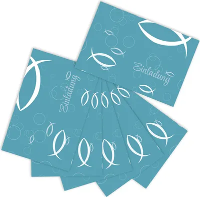 A stack of teal invitations with white fish and bubble designs, some with the word 'Einladung' printed on them.