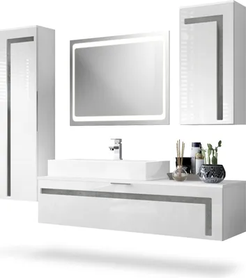 Produktbild von Vladon Badmöbel Komplettset Aloha,  Germany, Korpus in Weiß matt / Fronten in Weiß Hochglanz mit Absetzungen in Beton Dunkel Optik, mit Aufsatzwaschbecken, Armatur (M1) und LED Spiegel