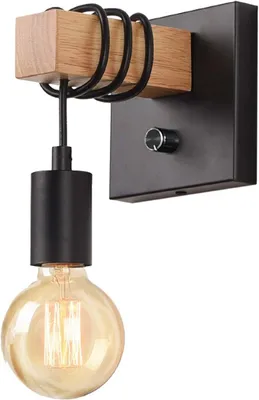 Produktbild von Wandleuchte Innen Vintagee, Dimmbar Wandlampe, Schwarz Industrial Retro Lampe, aus Metall und Holz mit Schalte, E27, für Wohnzimmer Schlafzimmer