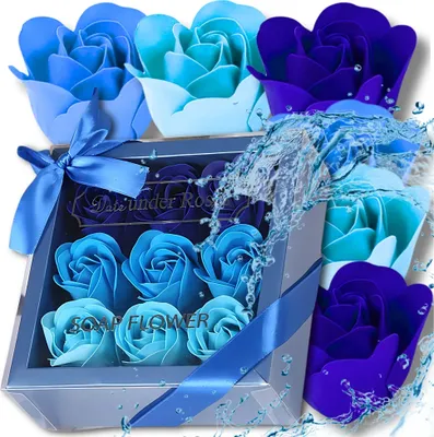 Image de Roses de savon bleues parfumées, décoratives, 9 pièces