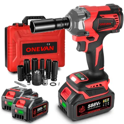 A red and black cordless impact wrench kit with two batteries, a carrying case, and various sockets and accessories, displayed on a white background.