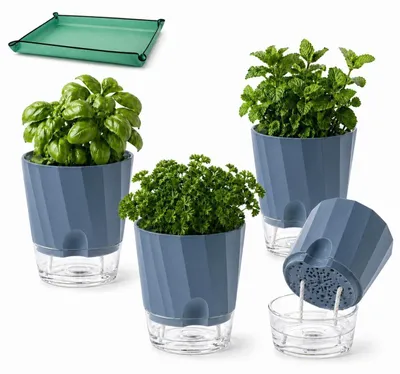 Image de Omgoods - Lot de 4 pots auto-arrosables - Double paroi en plastique PP - Pour intérieur, balcon ou cuisine - 15,3 cm - Plastique de haute qualité - Pots à herbes