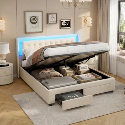 Produktbild von INONEFT Polsterbett 160 × 200 cm, hydraulisches Bett mit Stauraum und LED, Doppelbett mit 2 Schubladen und Lattenrost, Samt, beige, ohne Matratze