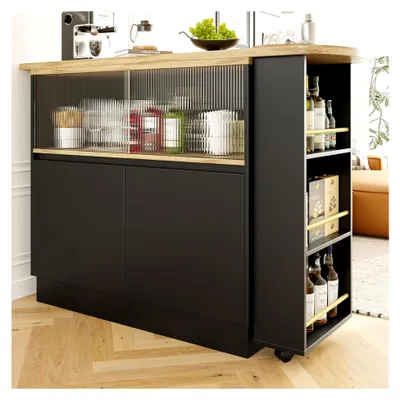 Produktbild von 360° drehbares Ess- und Barschrank (Hauptkörper 90X45X100cm), modernes, multifunktionales Sideboard mit Ablageflächen und Glas, geeignet für Küchen und Restaurants (Schwarz)