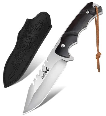 Immagine prodotto di Coltello da esterno con lama in acciaio D2, lama fissa, manico in ebano, costruzione full tang, lunghezza 21 cm, con fodero in PU