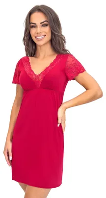 Produktbild von Donna Damen elegantes kurzes Nachthemd/Negligee mit Spitze, Kurzarm Burgund Spitze, Gr. 42
