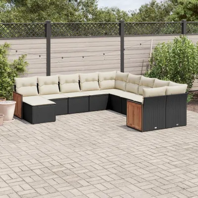 Produktbild von Design 11-tlg. Garten-Sofagarnitur mit Kissen Schwarz Poly Rattan, Gartenmöbel-Sets 2024 Neu