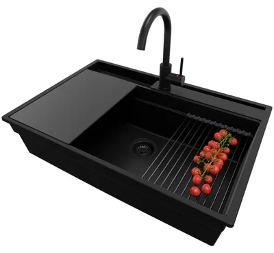 Produktbild von PRIMAGRAN Granitspüle Alles Schwarz 78x53cm, Spülbecken 1 Becken + Ablauf-Set + Küchenzubehörset, Küchenspüle ab 80er Unterschrank - Oslo Pocket