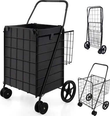 Produktbild von GOPLUS Klappbarer Einkaufswagen, Mehrzweckwagen bis zu 40 kg belastbar, Einkaufstrolley mit Rollen & 2 Körben, Ideal für Wäsche, Bücher, Gepäck (mit Abnehmbarer Tragetasche, Schwarz)