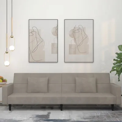 Produktbild von Design Schlafsofa 2-Sitzer mit 2 Kissen Hellgrau Samt, Schlafsofas 2024 Neu