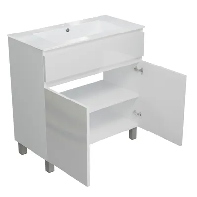 A white bathroom vanity with a sink and open cabinet doors, shown against a white background.