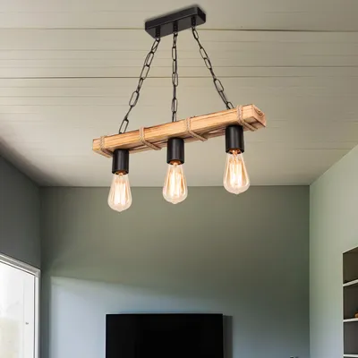 Produktbild von Pendelleuchte Hemel 3-flammig 3 x E27 Hängelampe Holz Juteseil Vintage Hängeleuchte Wohnzimmerlampe hängend