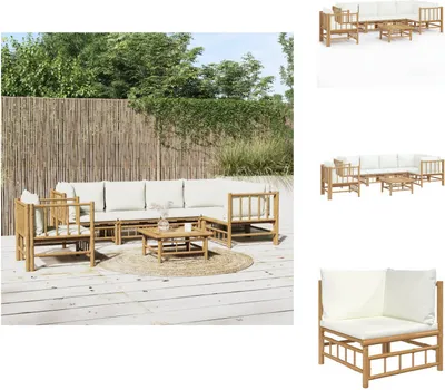 Produktbild von vidaXL 7-tlg. Garten-Lounge-Set mit Cremeweißen Kissen Bambus -  Gartenmöbel-Sets