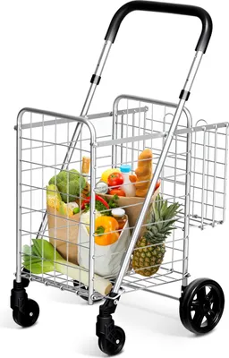 Produktbild von COSTWAY Klappbarer Einkaufstrolley, Einkaufswagen mit Universalrädern & Doppelkorb, 48L+10L, Tragbarer Handwagen mit Verstellbarer Griff, Rollwagen Allzweckwagen für Wäsche Einkaufen Gepäck(Silber)