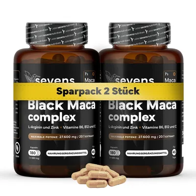 Produktbild von Pack 2x Maca Kapseln Hochdosiert - 27 600 mg je Tagesdosis - 180 Vegane Kapseln - Black Maca Complex 20:1 mit L-Arginin, Zink und den Vitaminen B6, B12 und C - Energie und Vitalität - Labor - 360 Kapseln