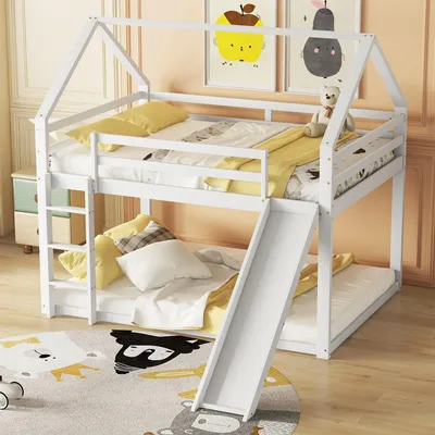 Produktbild von Hochbett mit Rutsche und Spielhaus-Funktion für 2 Kinder, massiv, 140x200cm, Weiß