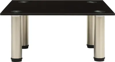 A black glass TV stand with silver legs on a white background.
