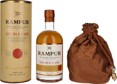 Image de Rampur DOUBLE CASK Indian Single Malt Whisky 45% Vol. 0,7l en boîte cadeau avec Säckchen