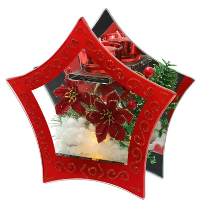 Teelichthalter aus Glas, LED, Weihnachtsstern-Deko, 20x21x6 cm, rot