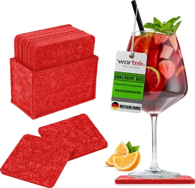 Produktbild von wortek Filz Untersetzer - Deko Tischset + Aufbewahrungsbox I für Gläser & Tisch, 10er Set I 10cm I Eckig, Rot