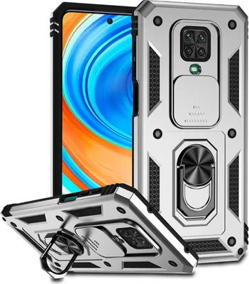 Image de Étui pour Xiaomi Redmi Note 9S/9 Pro/9 Pro Max étui double couche avec couvercle coulissant pour l'appareil photo et anneau de support Argent