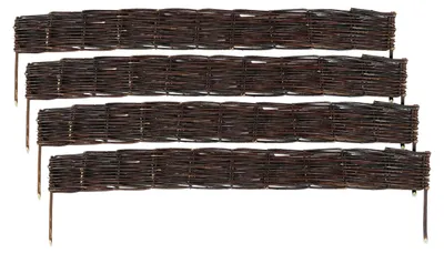 Obrázek produktu pro Relaxdays – obrubníky na záhony, vrbové, sada 4 ks, V x Š: 10 x 100 cm, k zapíchnutí, na záhony a trávníky, nízké obrubníky, hnědé