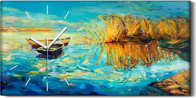 Produktbild von Wanduhr Bürouhr Leinwand Bild Quarz 60x30 See boote blau Himmel Landschaft - weiße Hände